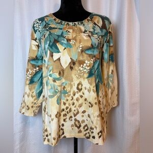 Vintage Alfred Dunner 100% cotton floral & leopard print blouse beaded accent M